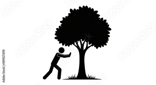 Silhouette Person Pushing Against Tree Trunk.