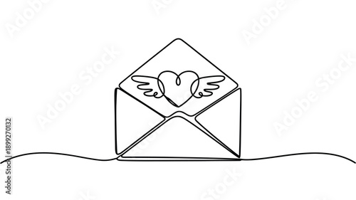Minimalist line drawing of an envelope with a heart and wings