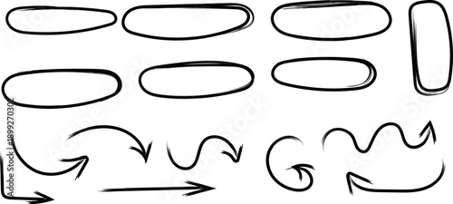 A collection of hand drawn oval shapes and various arrows on a white background