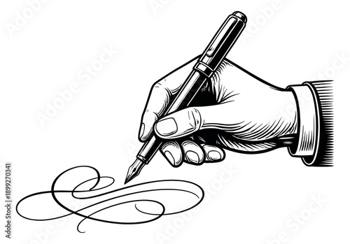 Hand drawn line art illustration of a hand holding a fountain pen depicting a calligraphic flourish for elegant writing concepts