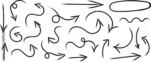 A collection of various hand drawn arrows and squiggles on a white background for creative design and directional indications