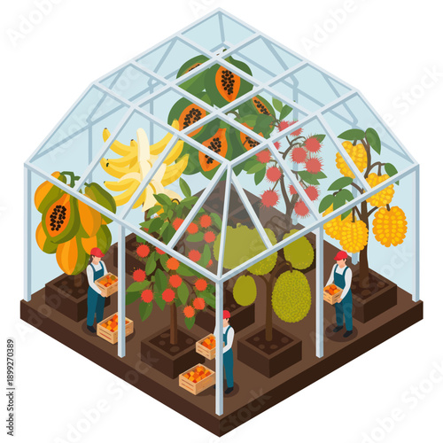 Greenhouse with Farmers and Various Crops.
