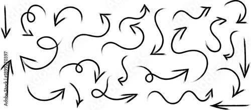 A collection of hand drawn arrows in various styles and directions on a white background