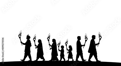 Silhouette of a diverse group of people carrying torches, symbolizing unity and hope in a procession.