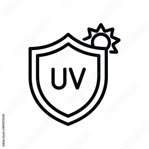 Black and white line art icon of a shield with a sun and uv letters