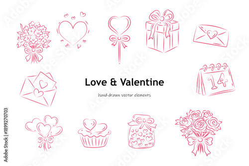 Hand-drawn love and Valentine’s Day vector elements featuring hearts, flowers, gifts, envelopes, calendar, and romantic icons in a minimal pink line style.