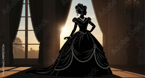 Silhouette of a woman in a grand ball gown standing by a window.