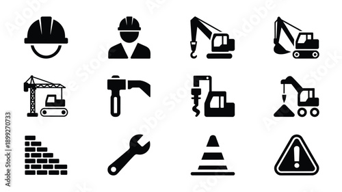 Construction icons depicting workers tools machinery and safety equipment