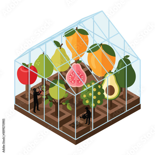 Fruits and Vegetables in Glass Greenhouse.