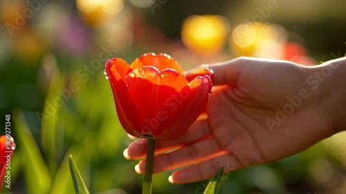 Touching a Red Tulip - A Moment of Connection in the Garden.