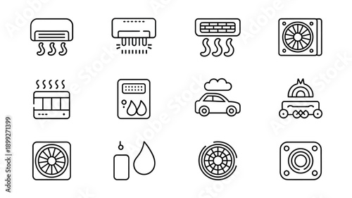 Various electronic components and automotive parts in line art style