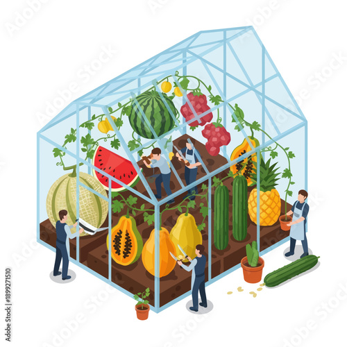 Greenhouse with People and Tropical Fruits.