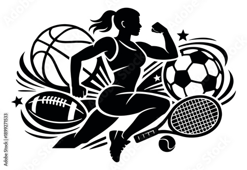 Dynamic graphic illustration of a female athlete depicting power and agility for sports and fitness branding