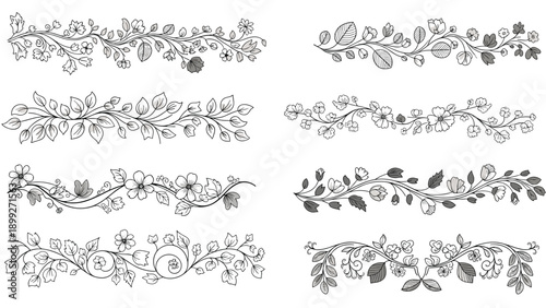 Collection of ornate black and white floral vine dividers and horizontal borders for page decoration.