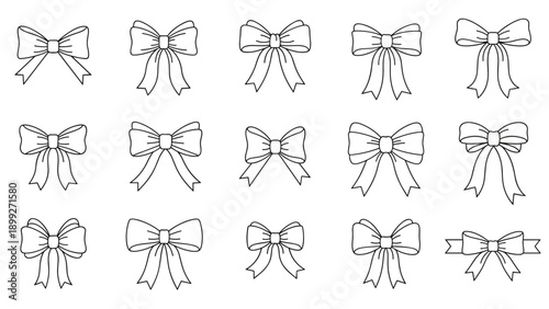 Collection of fifteen various black and white line art bow designs for gifts, accessories, or decorative projects.