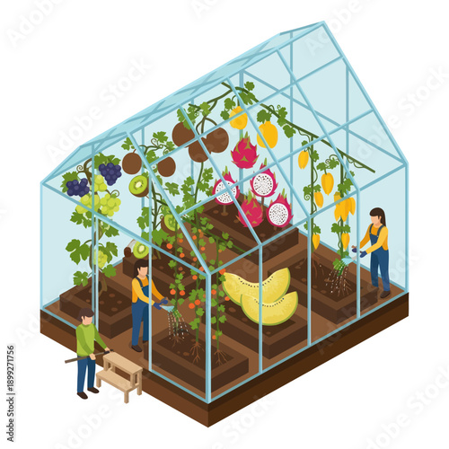 Greenhouse with People Growing Fresh Produce.