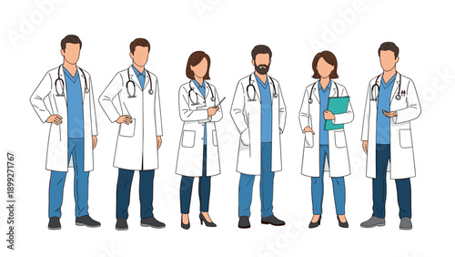 Group of diverse medical professionals including male and female doctors wearing white coats and stethoscopes while standing in a confident row.
