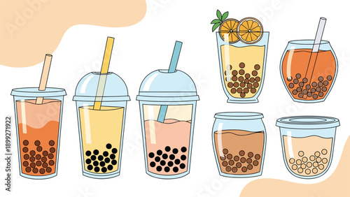 Selection of several different bubble tea flavors and styles including boba pearls and straws in various types of cups for a refreshing menu.