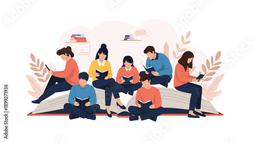 Group of young people sitting on a massive open book and reading their own individual books to promote literacy and the love of lifelong learning.