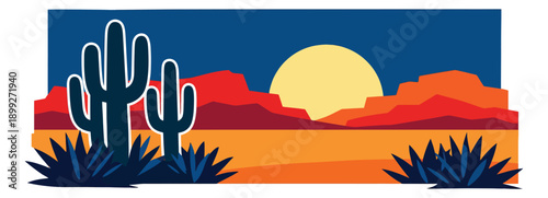 Stylized graphic illustration of a desert landscape depicting a night scene with cacti for nature and travel themes