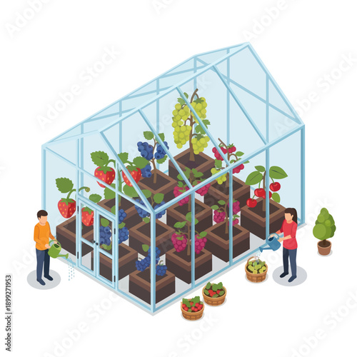 Greenhouse with People and Various Plants.