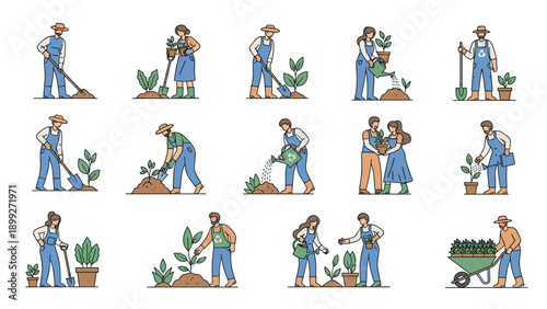 Set of several detailed illustrations of people gardening by planting and watering and digging to represent various outdoor hobby activities.