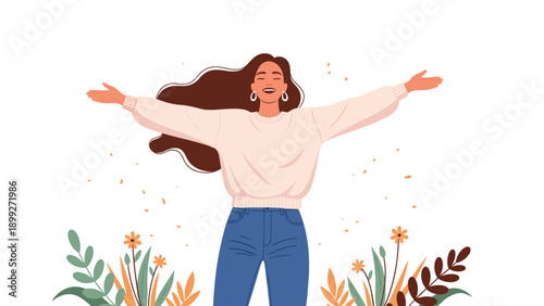 Joyful woman standing in a lush garden with her arms wide open and eyes closed to express a sense of total freedom and happiness in nature.