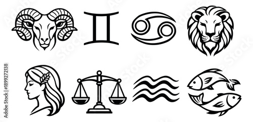 Line art zodiac signs set featuring popular astrological symbols for horoscopes