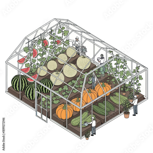 Greenhouse with People and Various Vegetables.