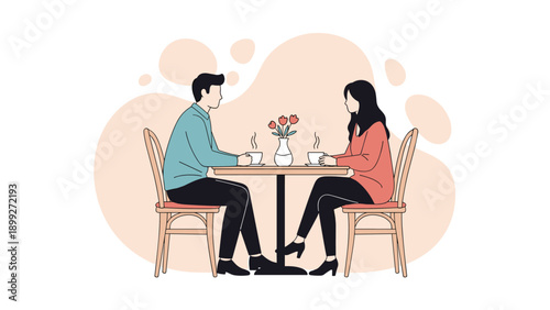 Young couple enjoying a coffee date together at a small round table with a vase of flowers in a cozy and warm indoor cafe or restaurant setting.