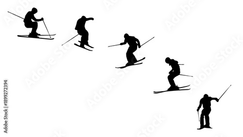 Silhouette sequence of a skier jumping. Vector illustration isolated on white background.
