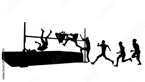 Silhouette sequence of a high jumper performing a Fosbury Flop. Vector illustration isolated on white background.
