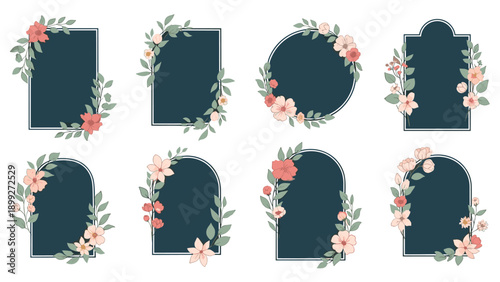 Elegant set of dark blue floral frames and labels decorated with pink blossoms and green leaves for stationary.