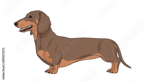 Side profile of a brown dachshund dog standing calmly against a clean white background.