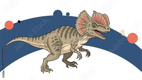 Dilophosaurus dinosaur with distinctive crests standing on a blue arch background with cosmic elements.
