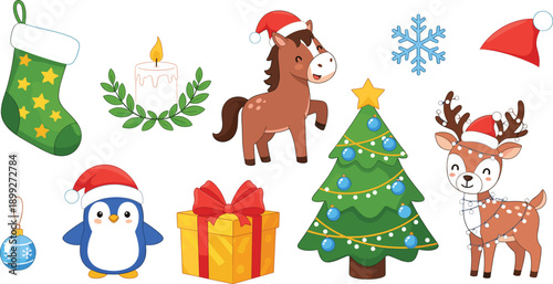 Set of cute cartoon Christmas characters and holiday elements featuring reindeer horse penguin decorated tree and gift box on grey background