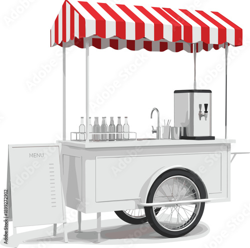 Mobile Street Food Vendor Cart with Red Striped Canopy and Beverage Dispenser Isolated on White Background for Outdoor Catering Festival and Market Business Concept