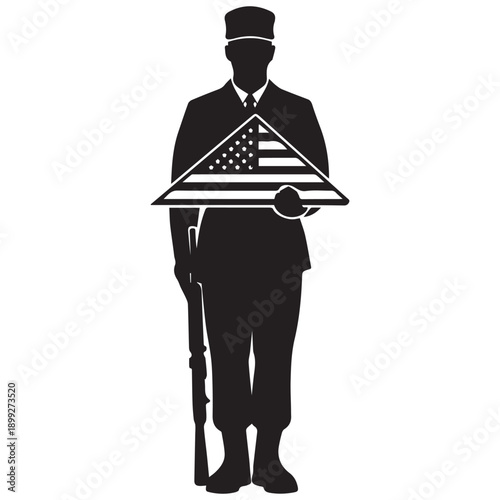 Soldier in uniform holding a triangular folded American flag, honor guard