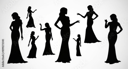 Silhouettes of women in elegant evening gowns.