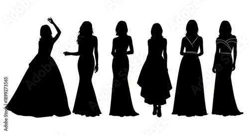 Silhouettes of Women in Elegant Evening Gowns.