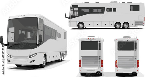 Modern Luxury Motorhome RV Mockup Set Featuring Front Side and Rear Views Isolated on White Background for Travel Camping and Recreational Vehicle Branding Design