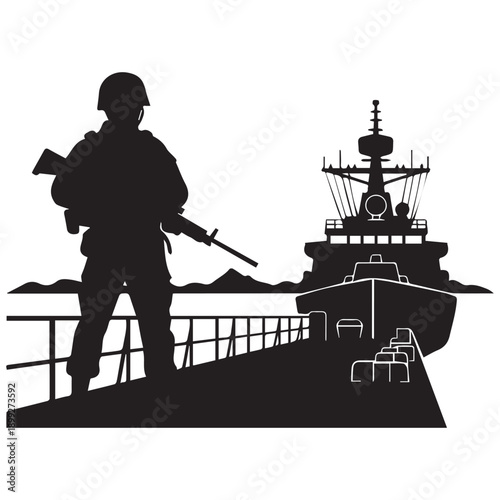 Soldier with rifle guarding a naval ship, military silhouette illustration