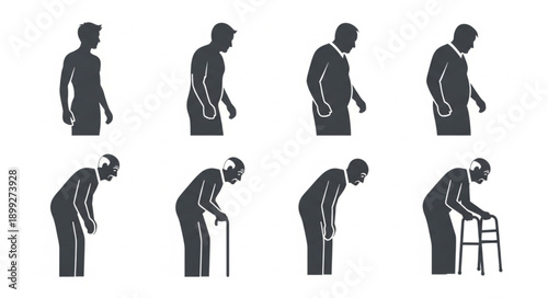 Silhouettes of men showing the aging process and physical decline.
