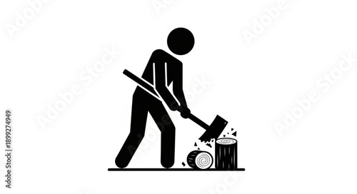 Stick figure chopping wood with axe.