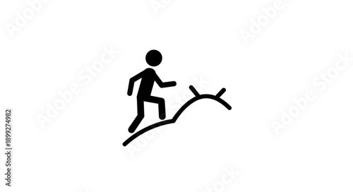 Stick figure climbing a hill with sun icon.