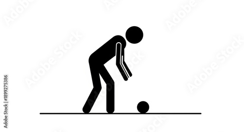 Stick figure bending down to pick up a ball.