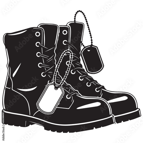 Military Combat Boots with Dog Tags, Veteran Symbol, Black and White Graphic