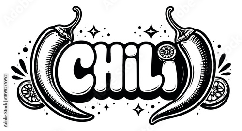 Hand drawn line art illustration of a chili wordmark with peppers depicting a bold and spicy design for food branding