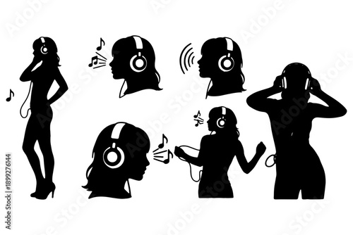 Trendy Woman Listening to Music with Headphones Silhouette Vector Set