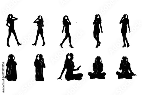 Fashionable Woman with Headphones Silhouette Vector Icon Sheet Listening Music